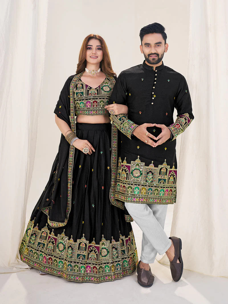BLACK EMBROIDERED LEHENGA CHOLI WITH MATCHING MEN'S KURTA COMBO SET