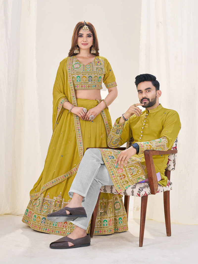 LIME GREEN EMBROIDERED LEHENGA CHOLI & MATCHING MEN'S KURTA SET COMBO