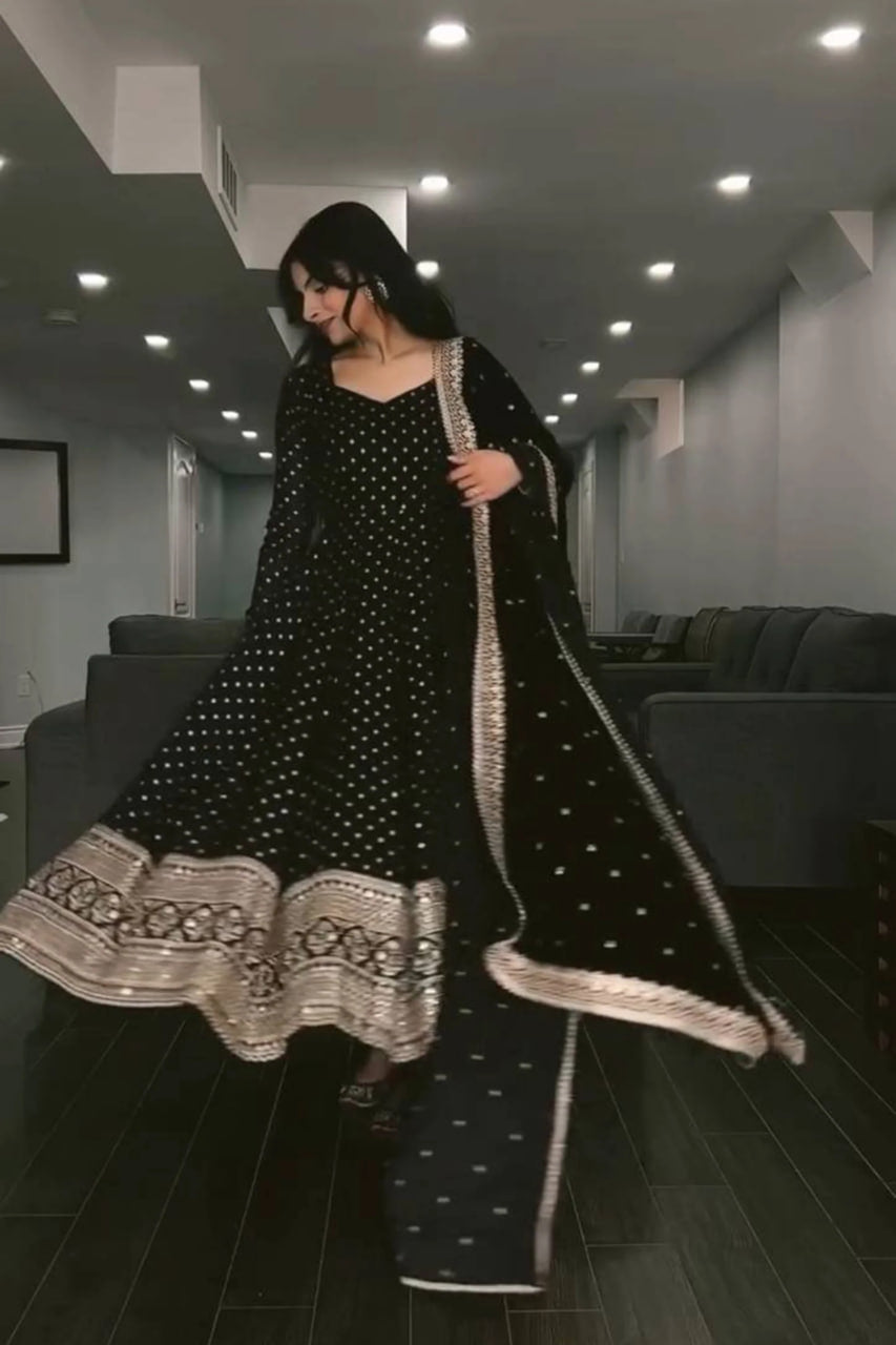 BLACK SEQUINS WORK FABVILLA ANARKALI SUIT SET