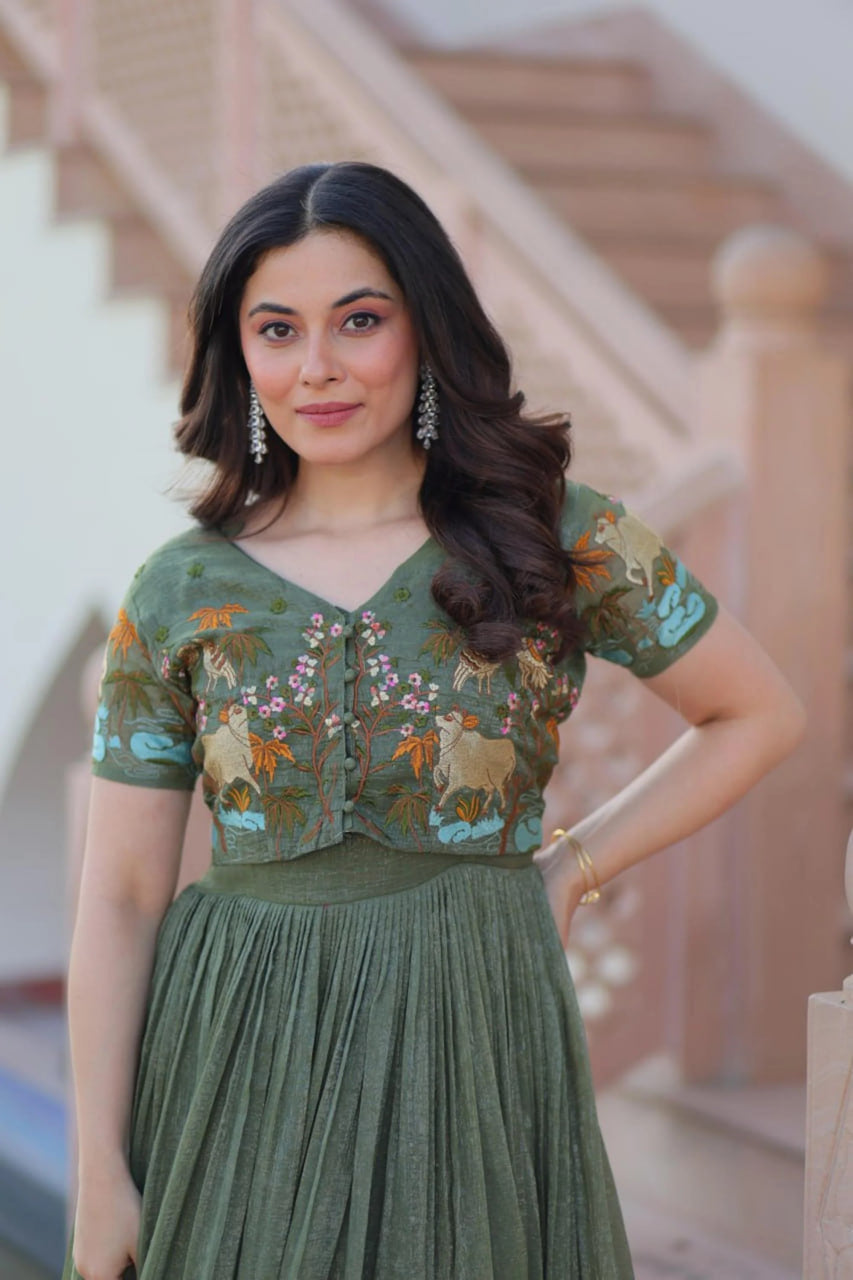 METAL GREEN JACKET STYLE SOUTH INDIAN GOWN SET