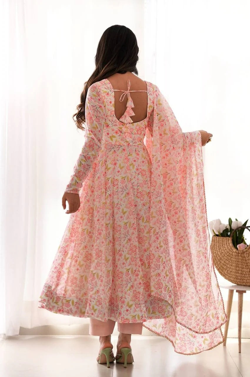 PINK FLOWER PRINTED ANARKALI SUIT SET