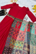 TRENDING RED ZIP AND GO GOWN SAREE WITH DUPATTA
