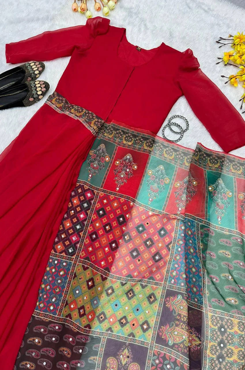TRENDING RED ZIP AND GO GOWN SAREE WITH DUPATTA