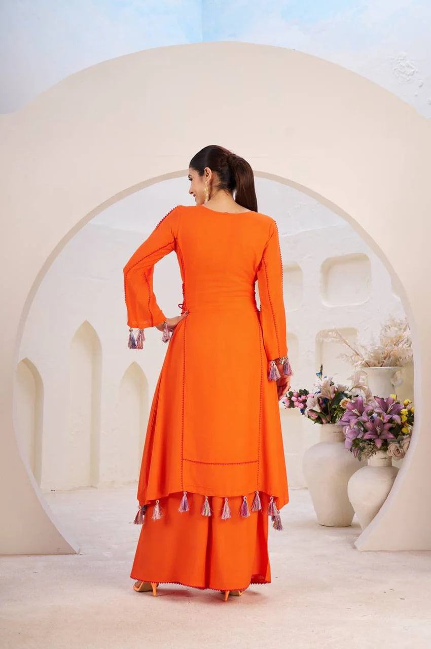 ORANGE ETHNIC MIRROR WORK PEPLUM SET WITH PALAZZO