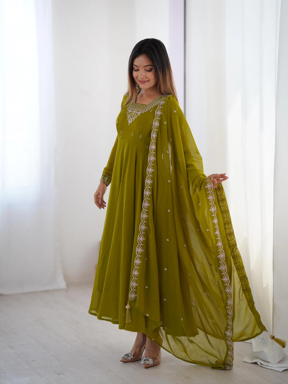 LUXURY MEHENDI GREEN FOX GEORGETTE ANARKALI SUIT WITH DUPATTA & PANT