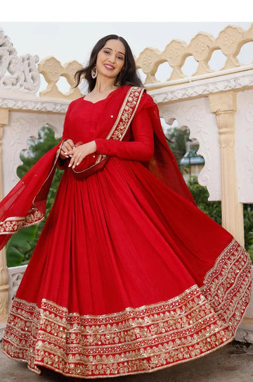 EXOTIC RED GEORGETTE SUIT SET WITH EMBROIDERED DUPATTA