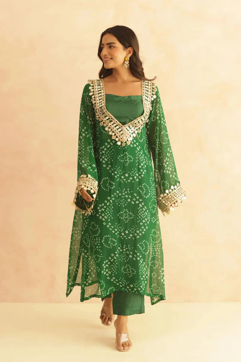 BANDHEJ PRINT MIRROR LACE WORK FUSION KURTI STYLE CO-ORD SET – TRENDY ETHNIC WEAR