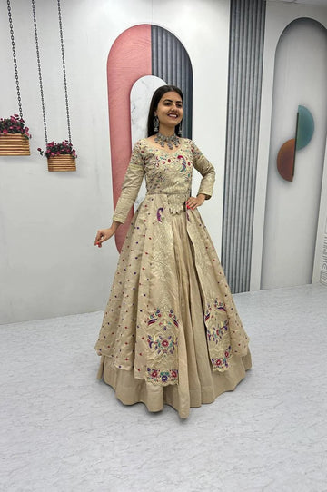 CREAM COLOR CROP TOP LEHENGA WITH EMBROIDERED SHRUG