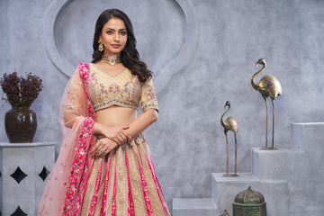 ELEGANT CHIKU ORGANZA SILK LEHENGA CHOLI WITH TRADITIONAL PAISLEY MOTIFS & SOFT NET DUPATTA