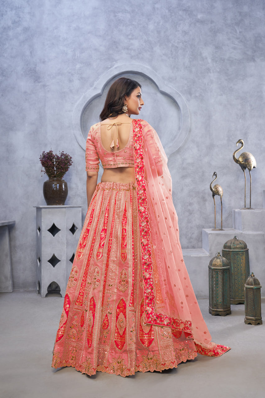 ELEGANT PINK ORGANZA SILK LEHENGA CHOLI WITH TRADITIONAL PAISLEY MOTIFS & SOFT NET DUPATTA
