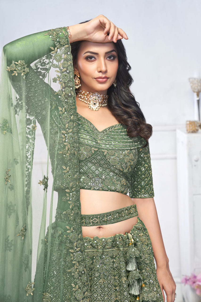 GRACEFUL GREEN BRIDAL LEHENGA WITH AARI EMBROIDERY, FLORAL & PEACOCK MOTIFS