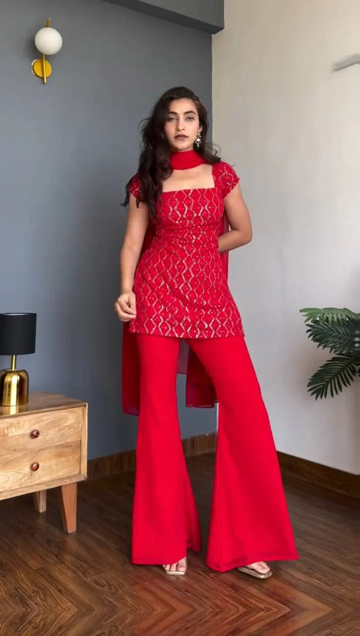 VIBRANT RED GEORGETTE KURTI SET