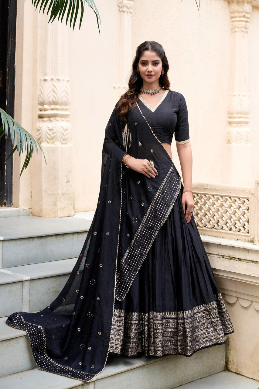 BLACK CHANDERI SILK LEHENGA CHOLI SET