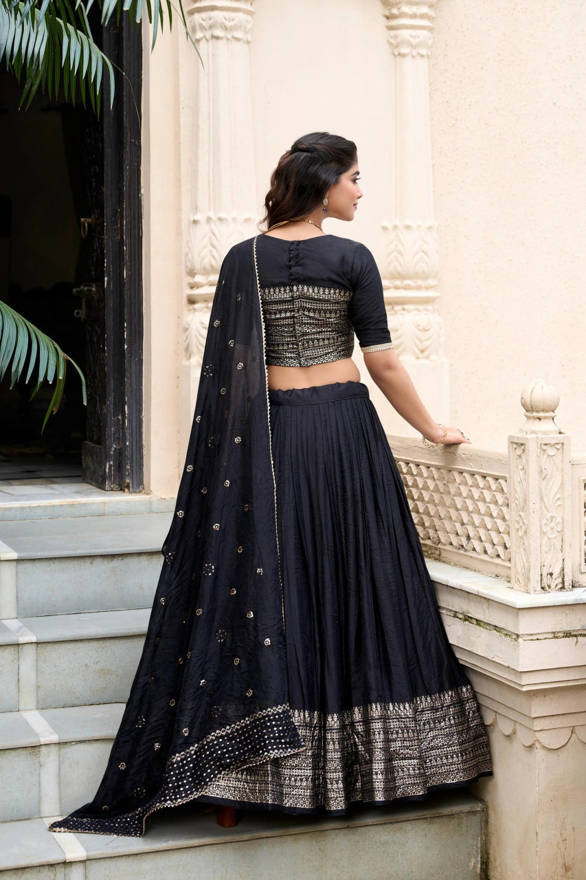 BLACK CHANDERI SILK LEHENGA CHOLI SET