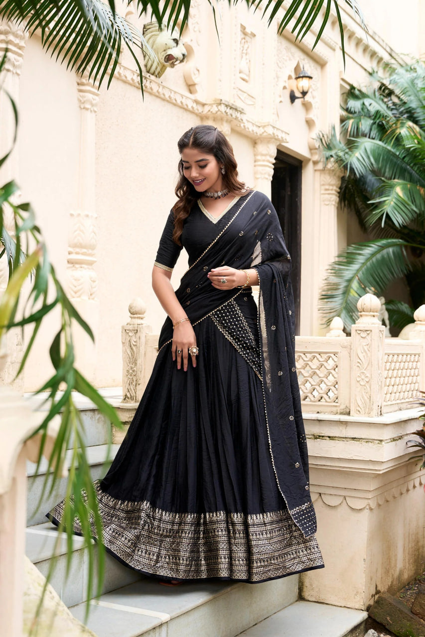 BLACK CHANDERI SILK LEHENGA CHOLI SET