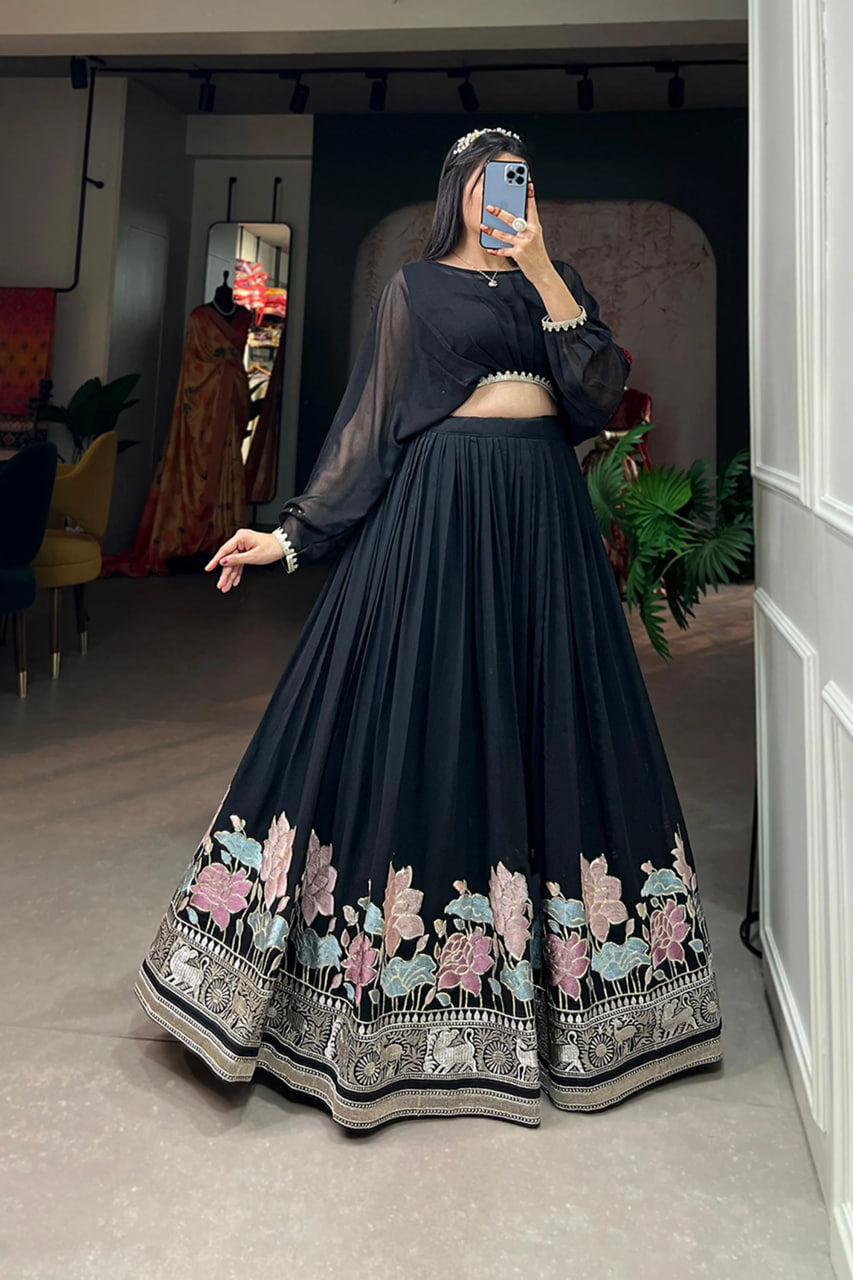 FABVILLA BLACK GEORGETTE CO-ORD LEHENGA SET