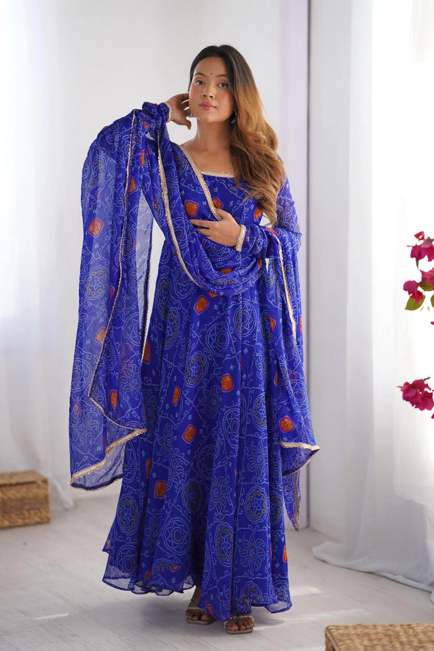 ROYAL BLUE BANDHEJ PRINT ANARKALI SUIT SET