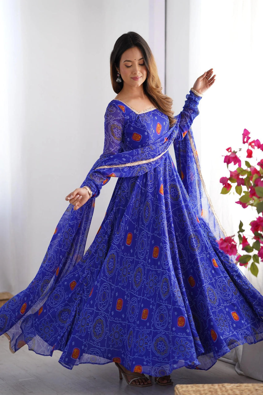 ROYAL BLUE BANDHEJ PRINT ANARKALI SUIT SET