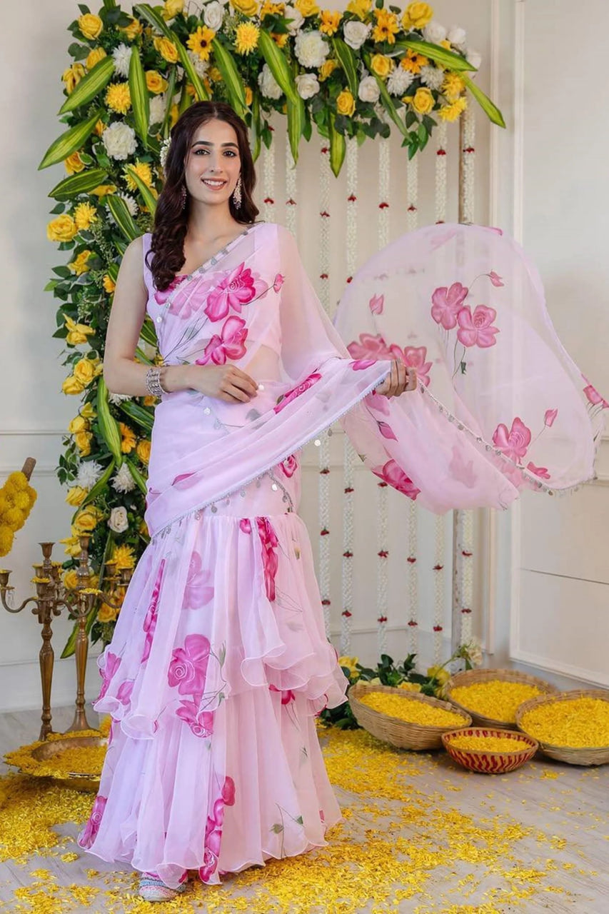 LIGHT PINK FLORAL PRINT GEORGETTE RUFFLE SAREE WITH STITCHED BLOUSE