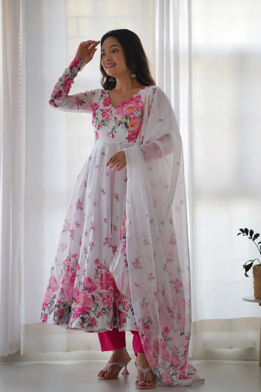 GET READY TO TURN HEADS WITH THIS ELEGANT WHITE FLORAL PRINT ANARKALI SET