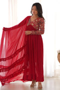 STUNNING RED ALIA CUT FIT EMBROIDERY KURTA SET WITH DUPATTA AND PANTS