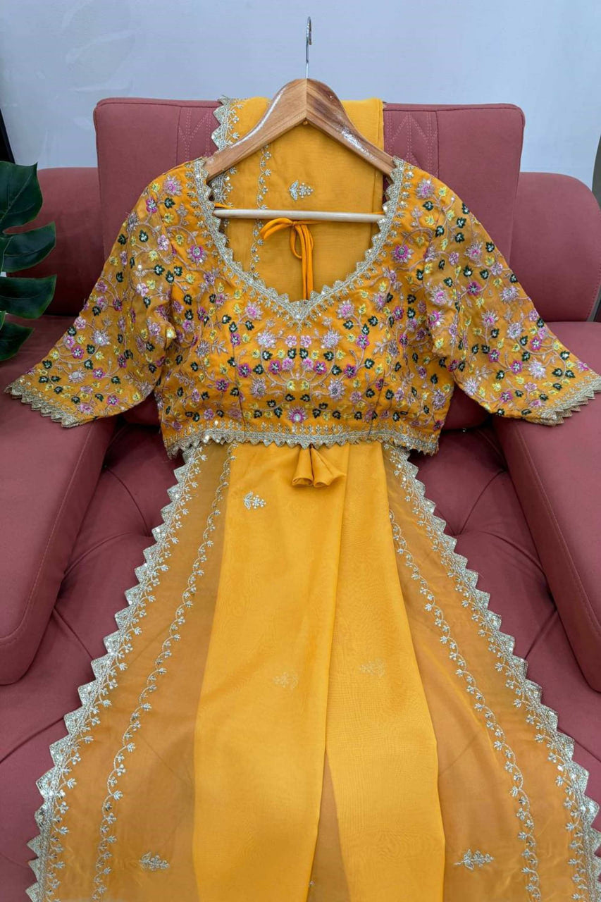 YELLOW COLOR BEAUTIFUL DESIGNER SAREE ON TIBBY SILK FABRIC