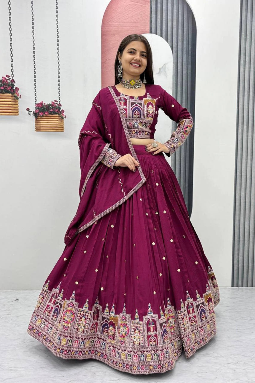 MAROON EMBROIDERED VICHITRA LEHENGA CHOLI SET