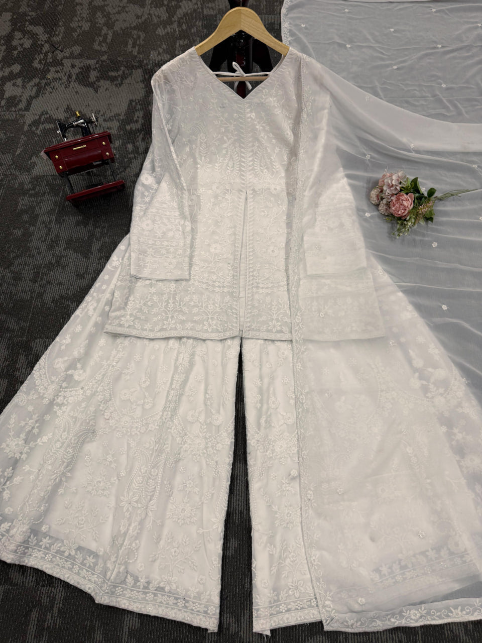 GRACEFULWHITE FOUX GEORGETTE PLAZZO SET WITH DESIGNER TOUCH