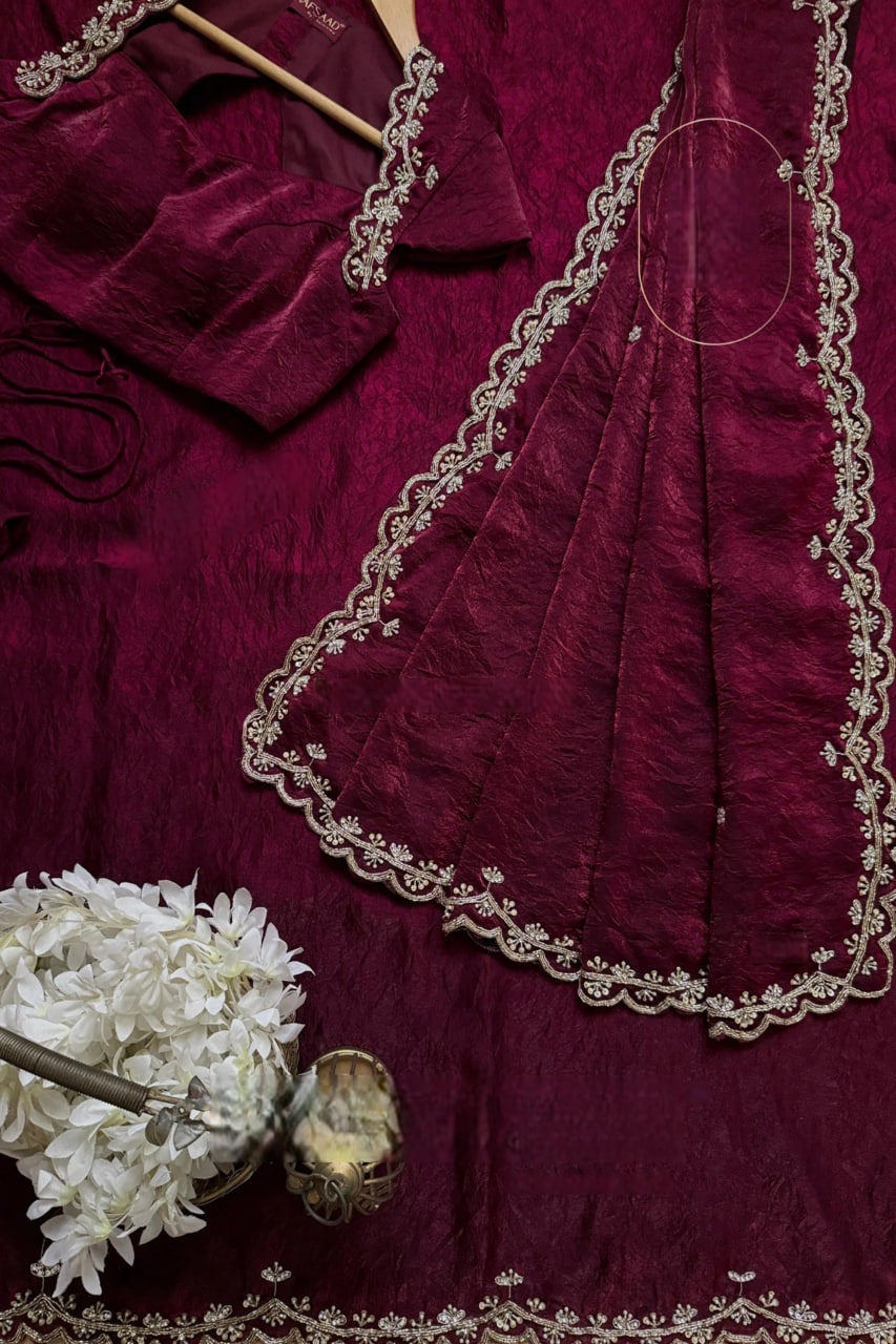 ELEGANT WINE SILK SAREE WITH KATDANA & PEARL HANDWORK