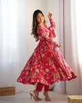 PINK PURE SOFT ORGANZA ANARKALI SUIT SET WITH HUGE FLAIR, DUPATTA & PANT