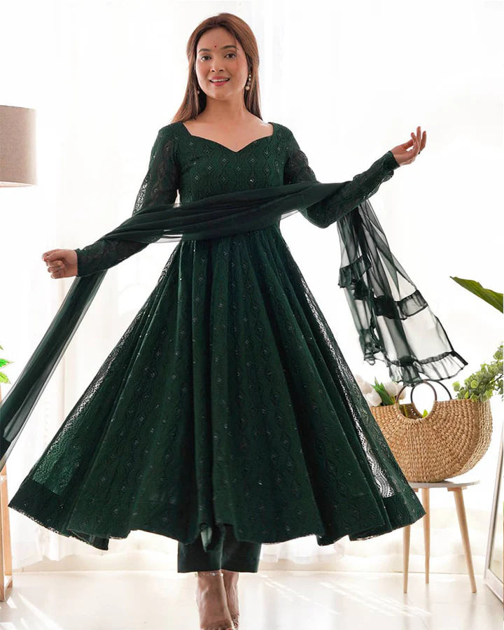 GREEN COLOR GEORGETTE LUCKNOWI THREE PIECE ANARKALI SUIT