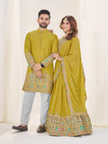 LIME GREEN EMBROIDERED LEHENGA CHOLI & MATCHING MEN'S KURTA SET COMBO