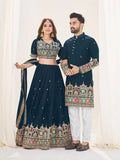 NAVY BLUE EMBROIDERED LEHENGA CHOLI & MATCHING MEN'S KURTA SET COMBO