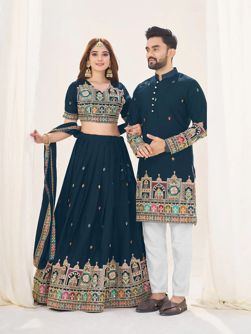 NAVY BLUE EMBROIDERED LEHENGA CHOLI & MATCHING MEN'S KURTA SET COMBO