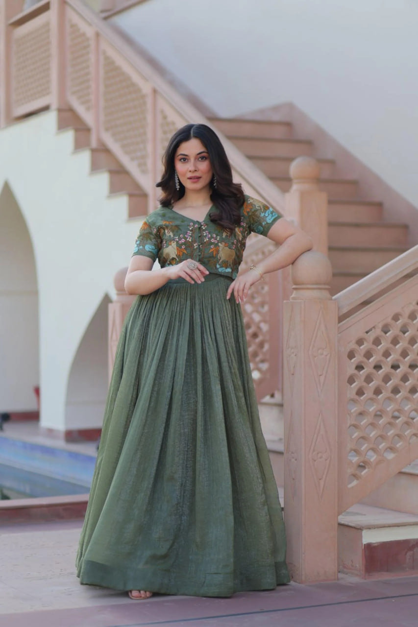 METAL GREEN JACKET STYLE SOUTH INDIAN GOWN SET
