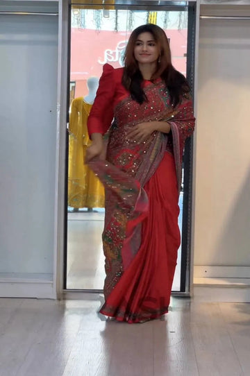TRENDING RED ZIP AND GO GOWN SAREE WITH DUPATTA