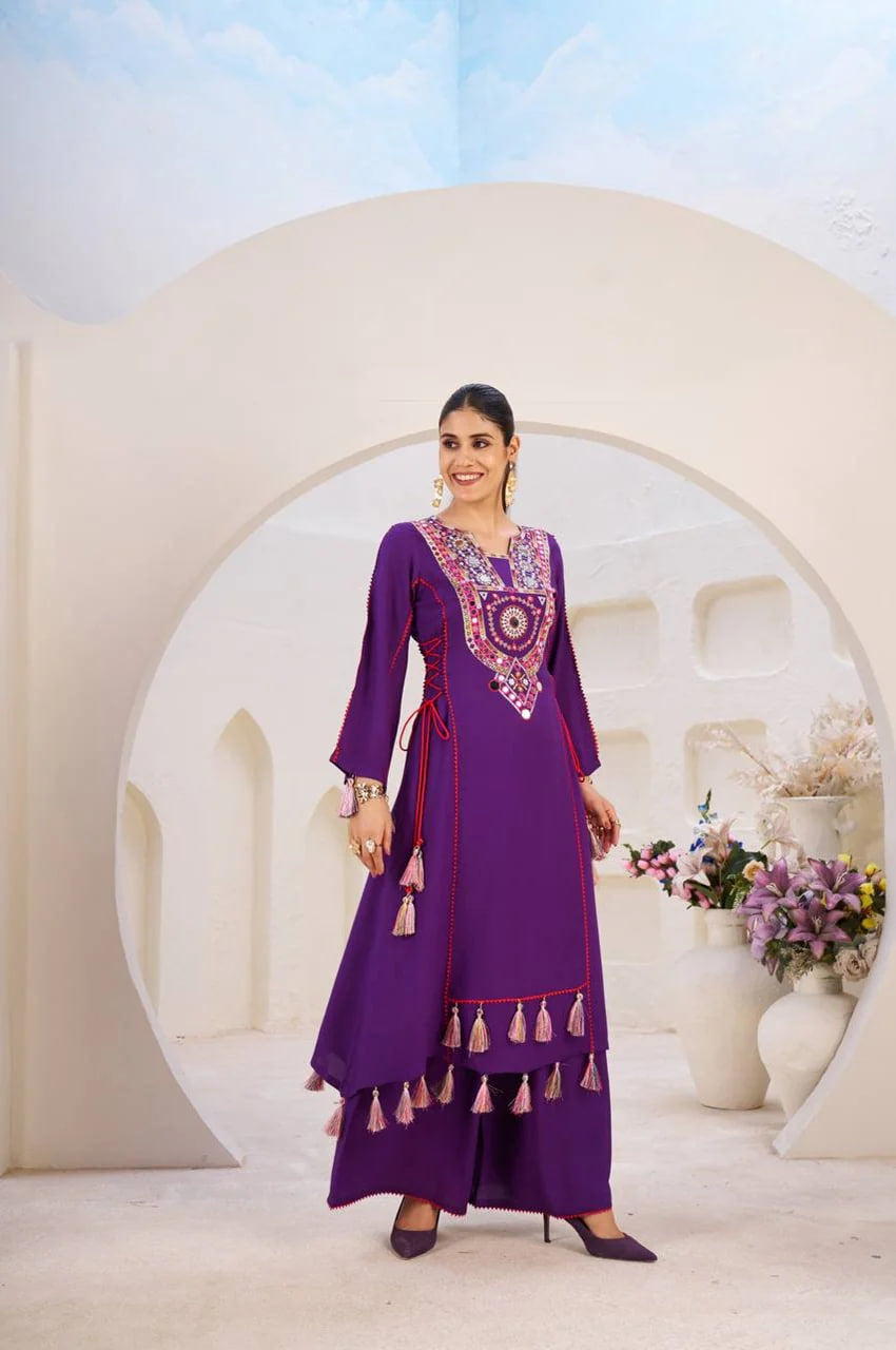 PURPLE ETHNIC MIRROR WORK PEPLUM SET WITH PALAZZO