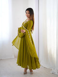 LUXURY MEHENDI GREEN FOX GEORGETTE ANARKALI SUIT WITH DUPATTA & PANT