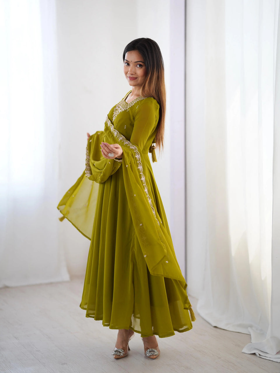 LUXURY MEHENDI GREEN FOX GEORGETTE ANARKALI SUIT WITH DUPATTA & PANT