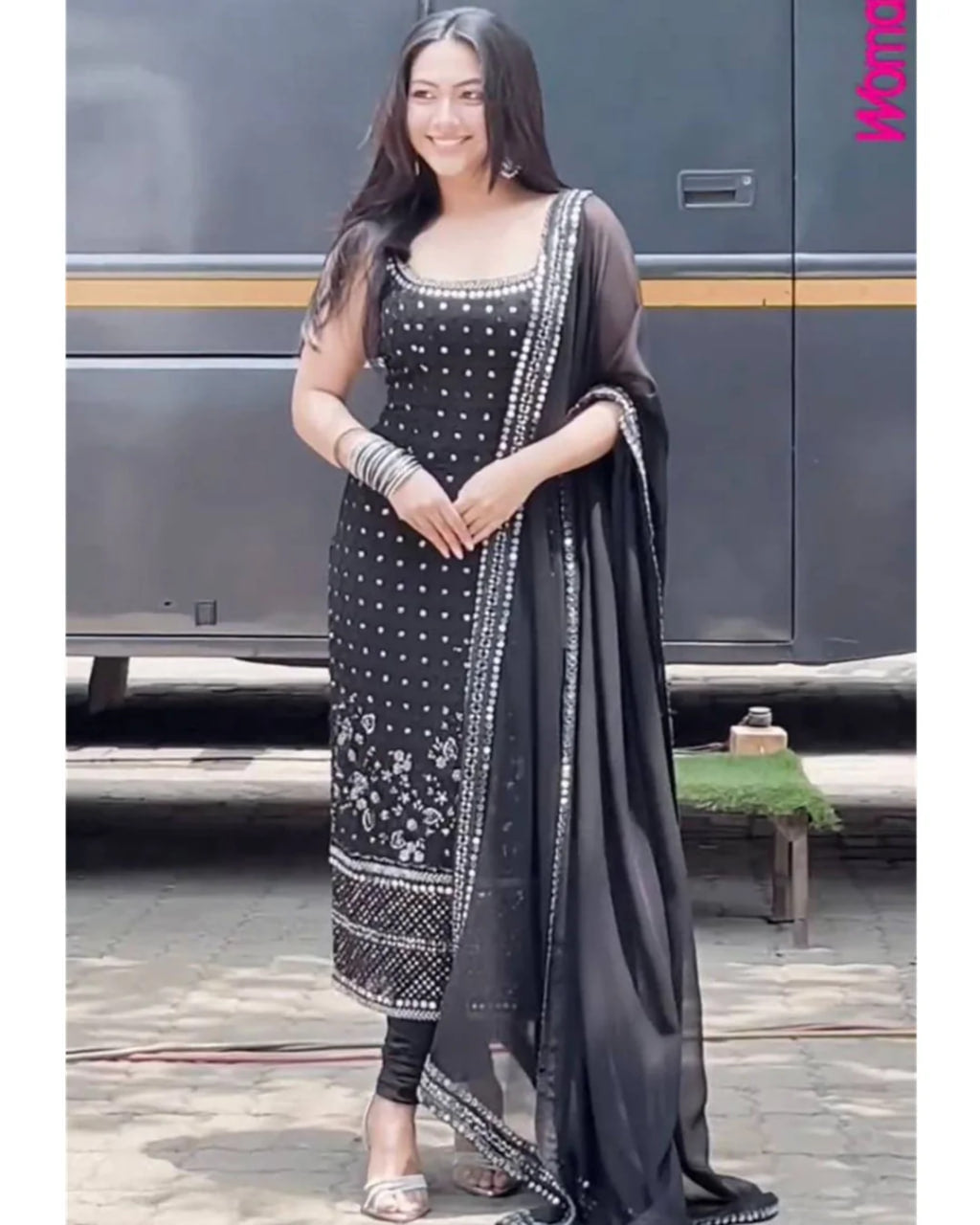 BLACK ANARKALI SUIT WITH THREAD, SEQUIN & REAL MIRROR DETAILING