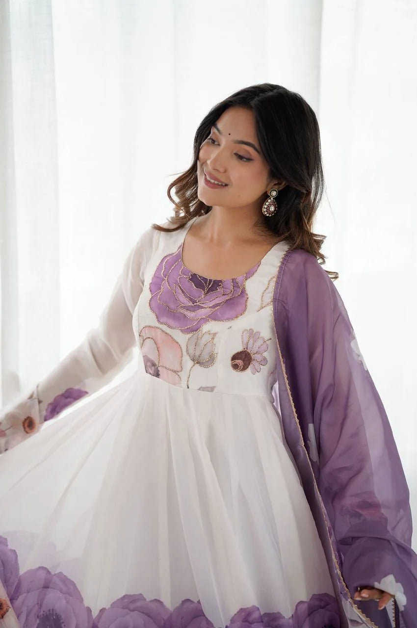 BRINJAL COLOR ORGANZA SILK ANARKALI SUIT WITH DUPATTA