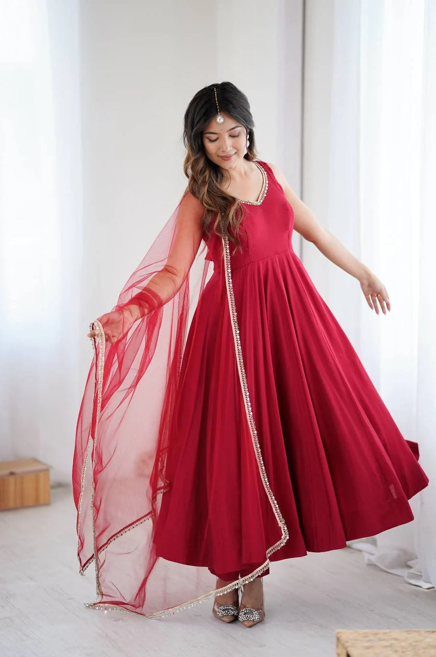 MAROON ROMAN SILK ANARKALI SUIT SET