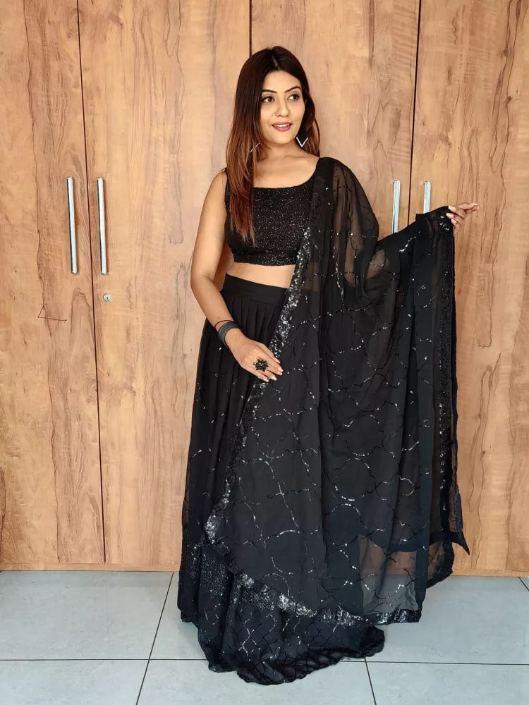 ADMIRABLE BLACK COLOR EMBROIDERED SEQUENCE WORK DESIGNER LEHENGA CHOLI