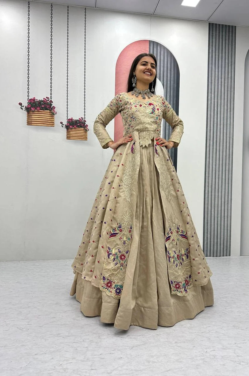 CREAM COLOR CROP TOP LEHENGA WITH EMBROIDERED SHRUG