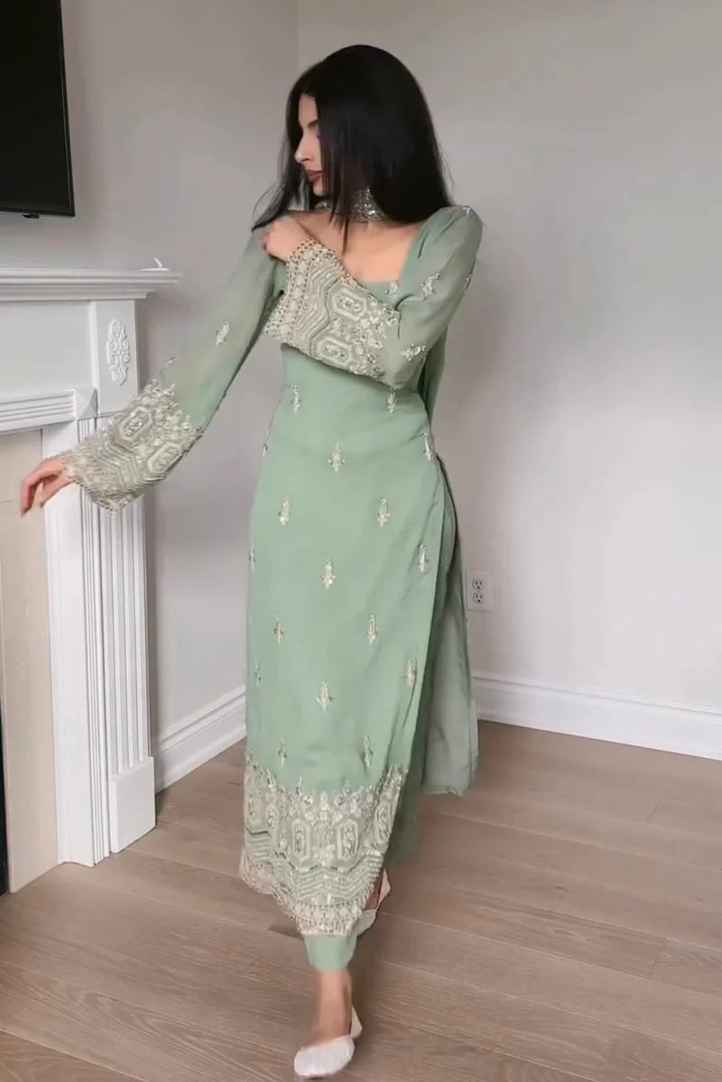 ADA FAUX GEORGETTE SUIT SET WITH BEAUTIFUL BEADS WORK