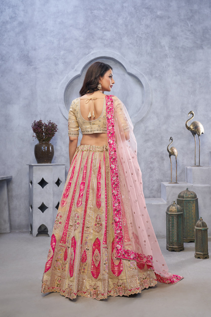 ELEGANT CHIKU ORGANZA SILK LEHENGA CHOLI WITH TRADITIONAL PAISLEY MOTIFS & SOFT NET DUPATTA