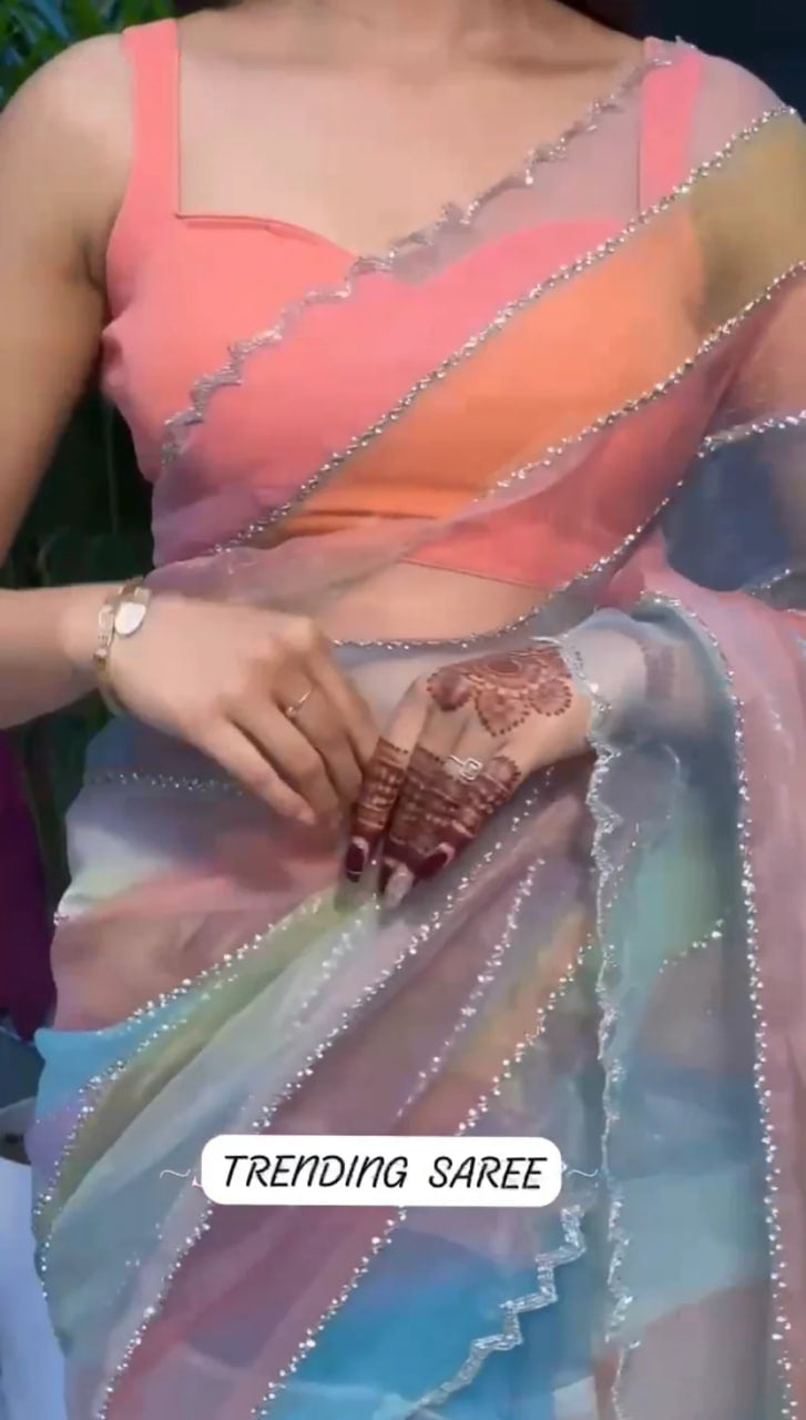 BEAUTIFUL COLORFUL ORGANZA DIAMOND WORK SAREE