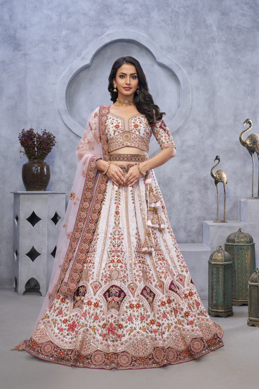 BRIDAL LIGHT PURPLE LEHENGA WITH ZARI PAISLEY EMBROIDERY, SILK PATCHES & REGAL PEACOCK MOTIFS