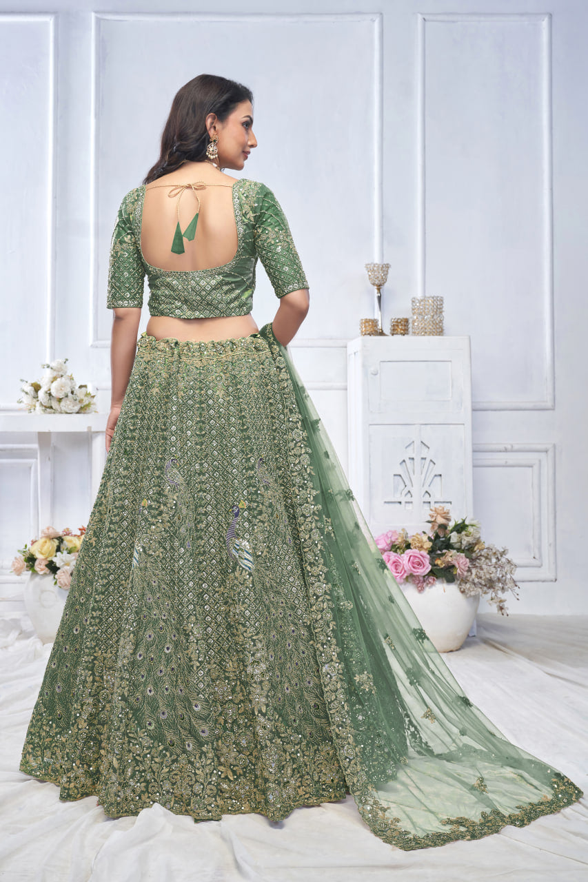 GRACEFUL GREEN BRIDAL LEHENGA WITH AARI EMBROIDERY, FLORAL & PEACOCK MOTIFS