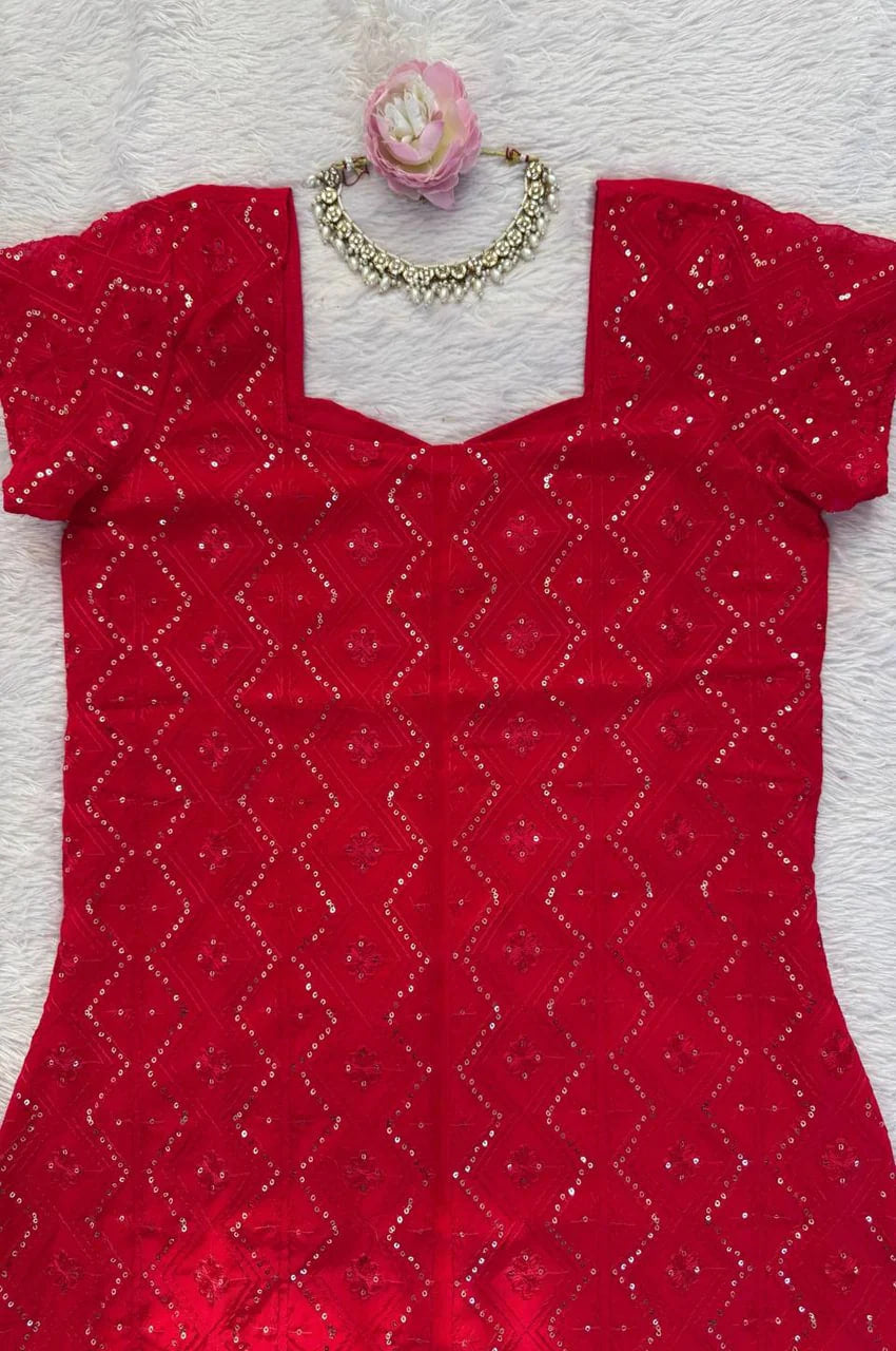 VIBRANT RED GEORGETTE KURTI SET